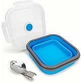 CARTINTS 900ml Collapsible Bowl With Plastic Lid for Camping, Silicone Lunch Container Set Includes Foldable Spoon, Space-Saving Travel Food Container, Microwave Freezer Safe, Blue