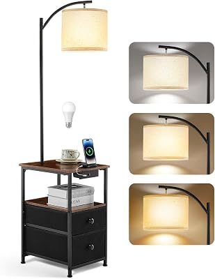 Lampadaire avec Table et 2 tiroirs, Lampe de Chevet avec Station de Charge USB et Type C, lampadaire à 3 températures de Couleur avec Abat-Jour réglable, Lampe LED pour Salon et Chambre