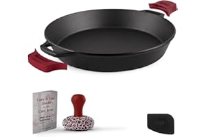 Cuisinel Cast Iron Skillet + Chainmail Scrubber - 15"-Inch Pre-Seasoned Dual Handle Braiser Frying Pan + Silicone Handle Cove