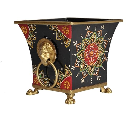 Lalhaveli Hand Painted Metal Planter Stand for Pots (Black, 5 x 5 x 4.5-inch)