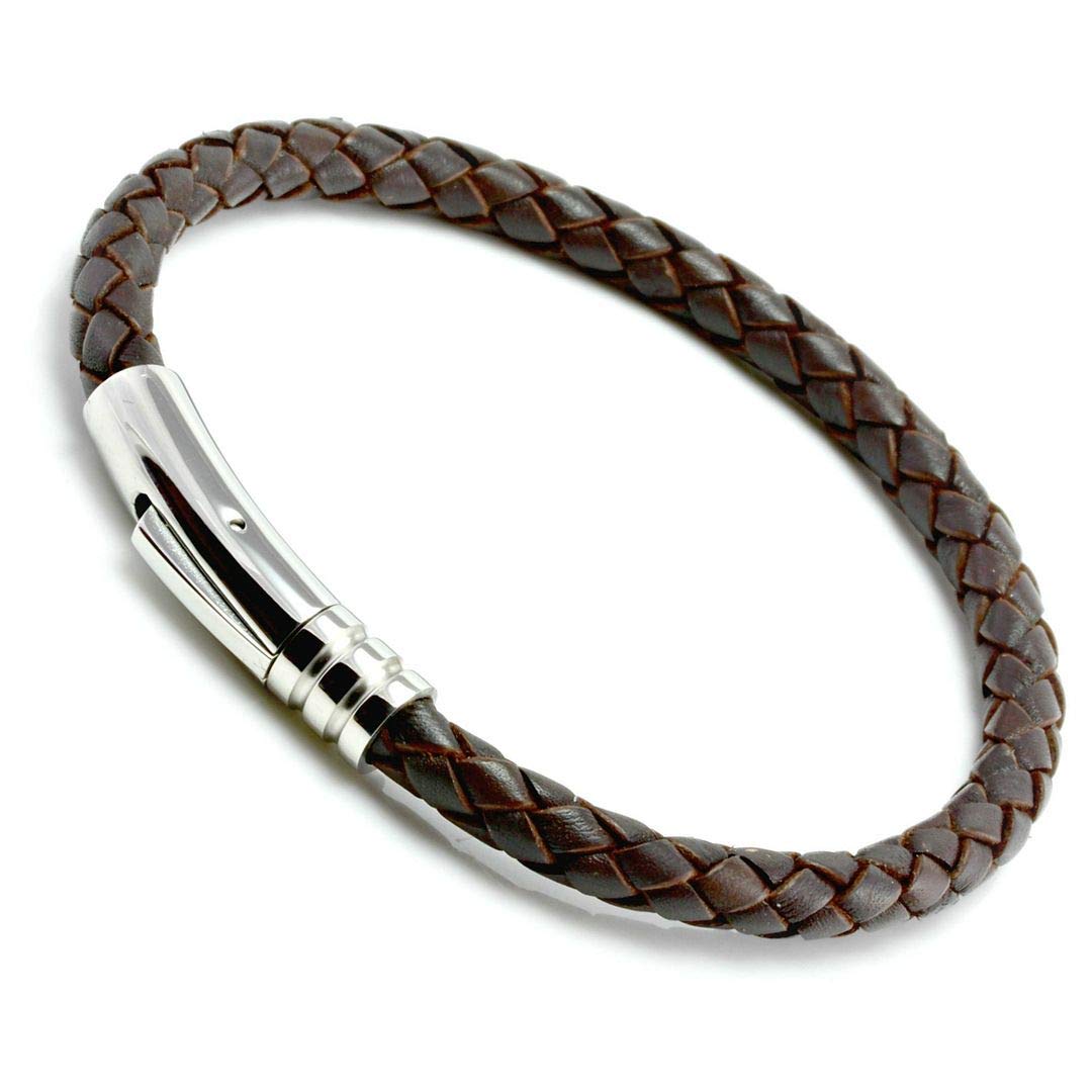 CMJ London Mens Leather Bracelet with Stainless Steel Trigger Clasp Dark Brown Braided Leather L-8.5"