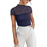 REORIA Women's Sexy Mock Turtle Neck Short Sleeve Shirts Sheer Mesh Ruched Trendy Going Out Bodysuits Tops
