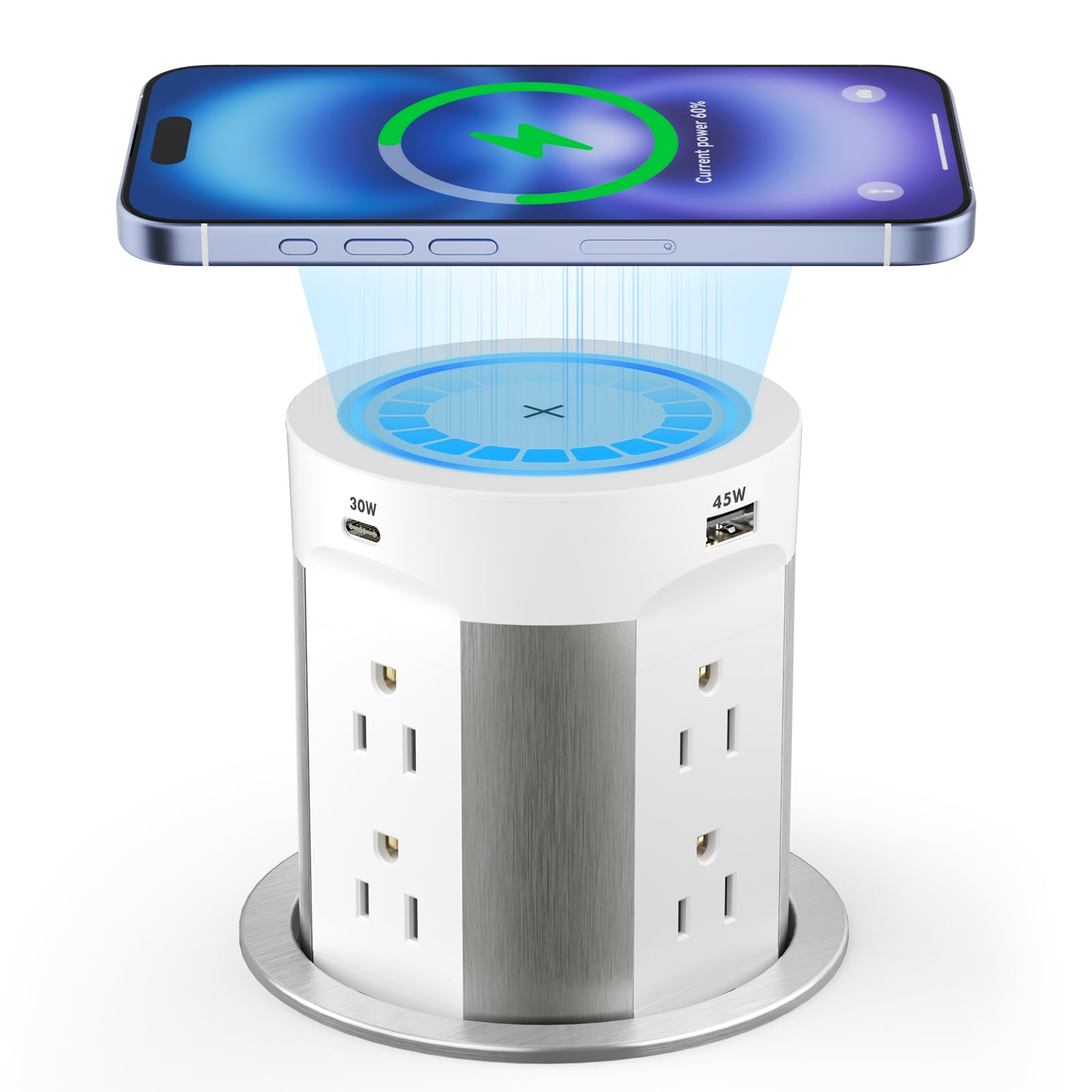 Photo 1 of Kungfuking Pop Up Outlet for Countertop Kitchen, 15W Wireless Charger, 75W USB C Counter Top Electrical Power, 8 Outlets & 4 USB Ports, 4"Hole Recessed Popup Outlet for Island Conference Table Office