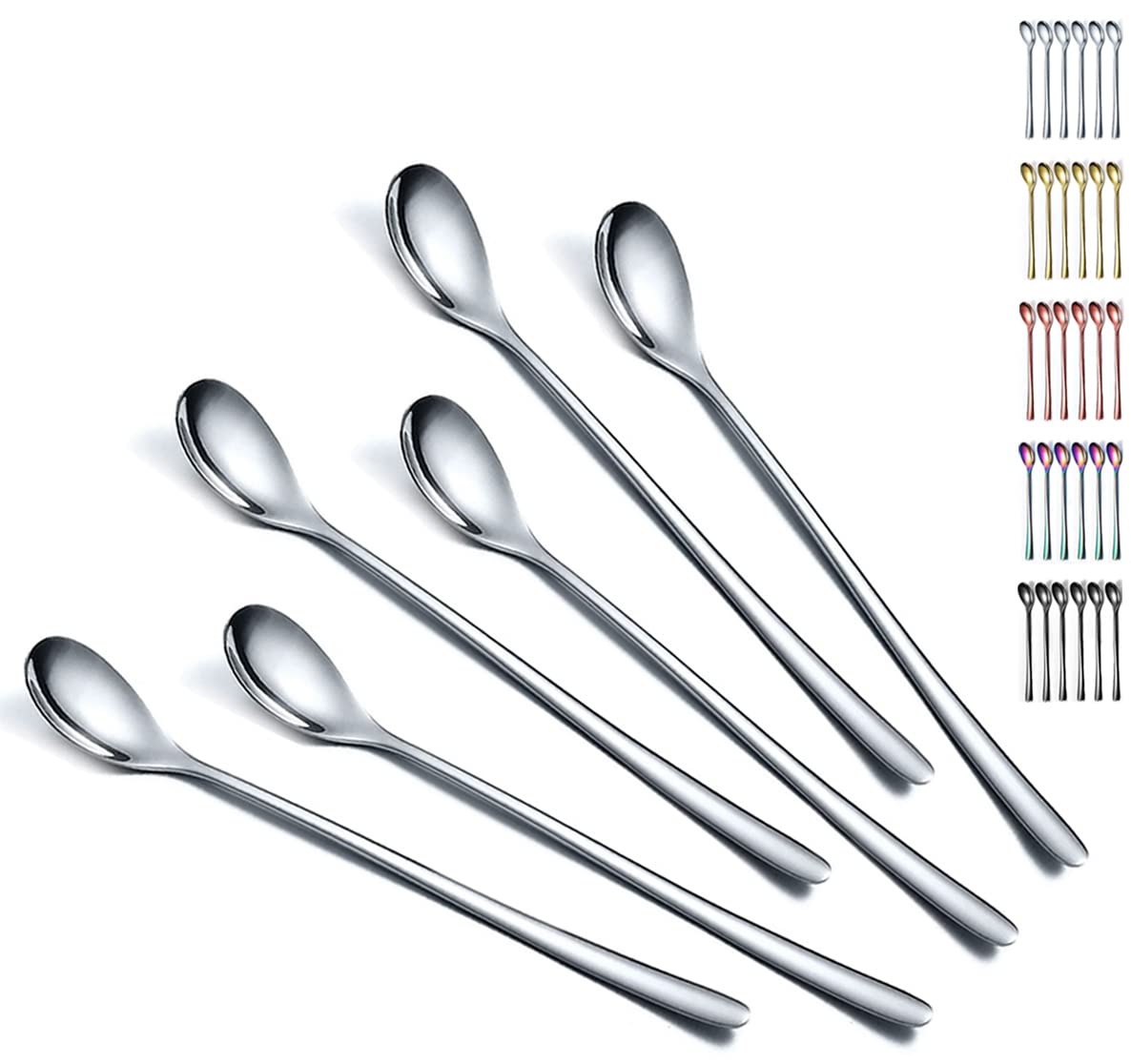 Evanda Iced Tea Spoons, Teaspoons, Stirring Bar Spoon, Coffee Spoon, Ice Cream Spoon, Cocktail Spoon, Tea Spoons, Set of 6 (Silver)