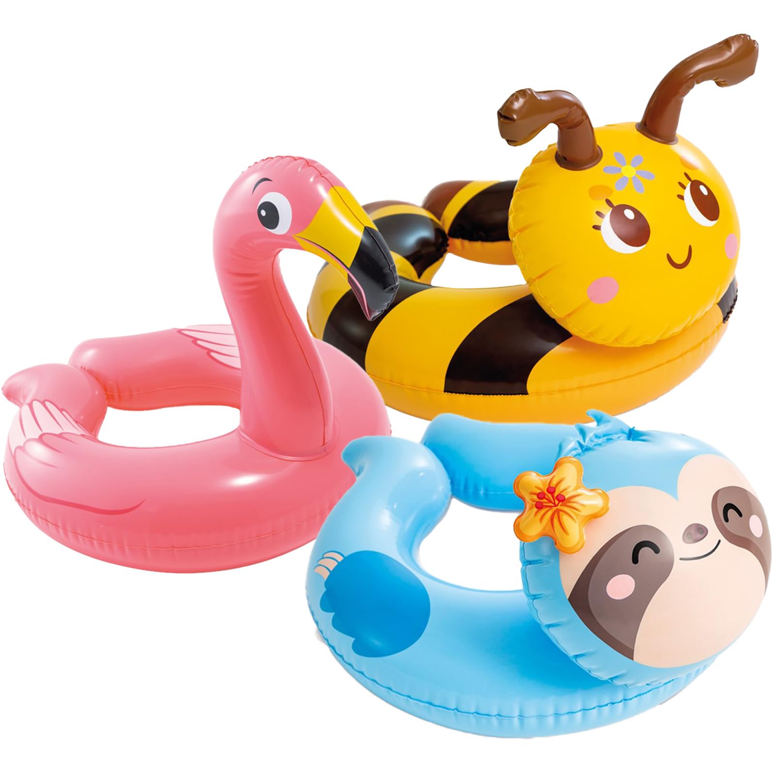 3Pcs Pool Inflatables for Kids Age 2-6, Swimming Flamingo Honeybee Raccoon 21½" (55cm) Rubber Ring Pool Floats Swimming Pool Toys for Children, Swim Ring for Boys Girls Summer Beach Water Party Toys