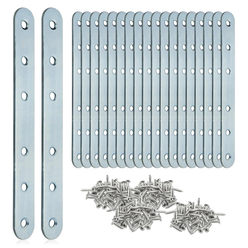 TOVOT 20PCS Flat Brackets Steel Brackets with Screws Mending Plates 6 Holes Flat Brackets Straight Braces for Wood Furniture (175×20MM)