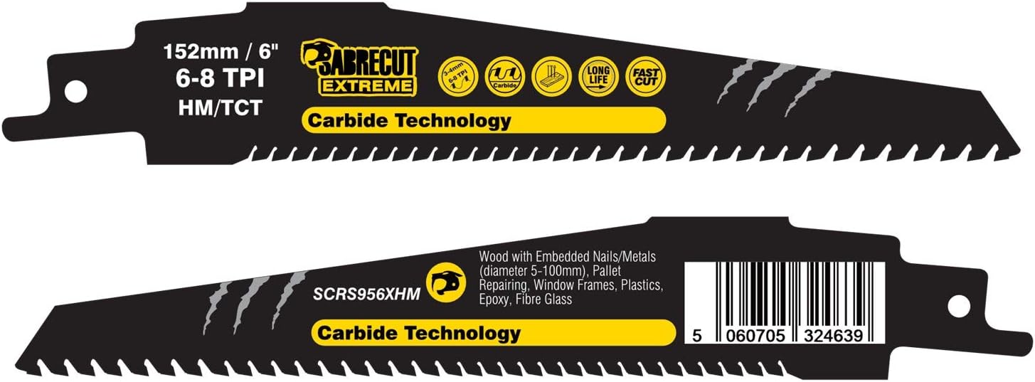 1 x SabreCut SCRS956XHM Tungsten Carbide 152mm Variable 6-8 TPI S956XHM Very Fast Wood and Plastic Cutting Reciprocating Sabre Saw Blade - Image 3