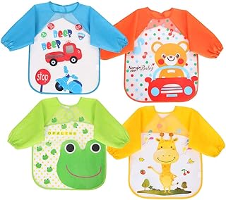Vicloon Baby Lätzchen mit Lange Ärmeln, 4 Set Kinder Lätzchen Wasserdicht Ärmellätzchen ärmel lätzchen Unisex Lätzchen Set für Essen Kunst Handwerk Malerei Bemalen Spielen