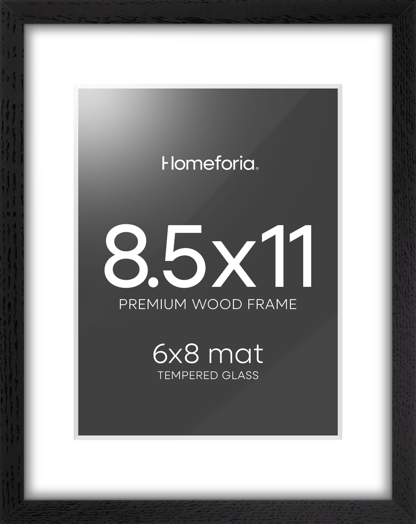 Homeforia 8.5x11 Picture Frame Black Wood, High End Oak 8.5 x 11 Frames with Mat 6 by 8 Print, 8.5by11 Wooden Frame Matted to 6x8 inch Photo, Wall or Tabletop Frame, Tempered Glass, Wall Kit, Set of 1 Image