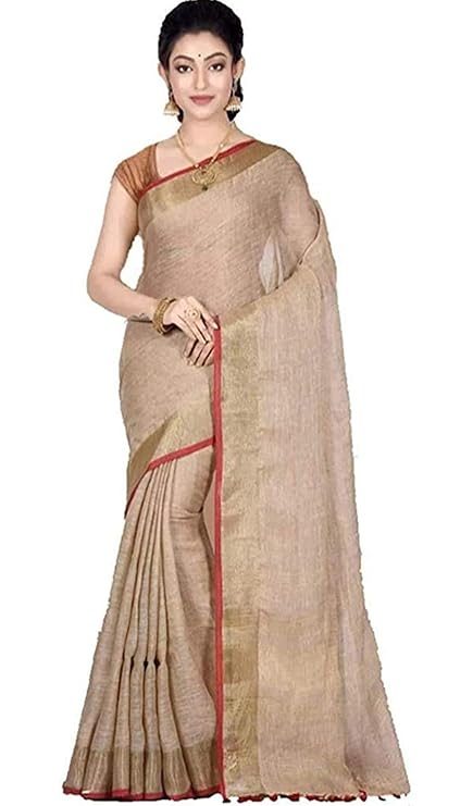 Women's Linen Slub Saree with Contrast Blouse | Golden
