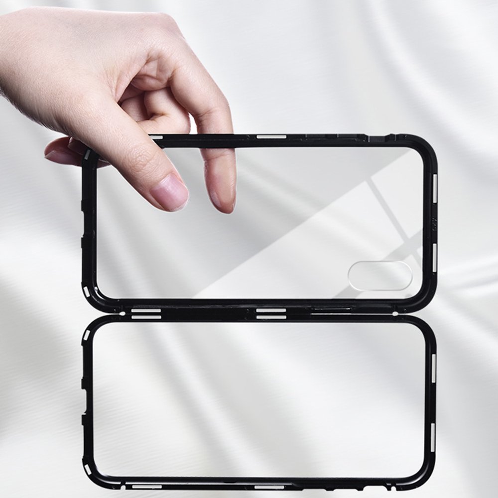 Custodia iPhone X, Custodia Ultra-sottile leggera, Custodia a conchiglia magnetica, Cornice in metallo, Parte posteriore in vetro temperato trasparente (Senza fronte) per iPhone X