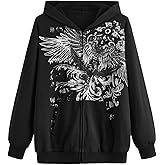 Karwuiio Women Men Zip Up Hoodie Y2k Vintage Graphic Oversized Sweatshirt Jacket Pullover Coats Gothic Streetwear