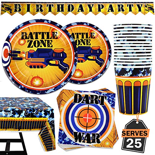 102 Piece Dart War Party Supplies Set Including Banner, Plates, Cups, Napkins, and Tablecloth, Serves 25