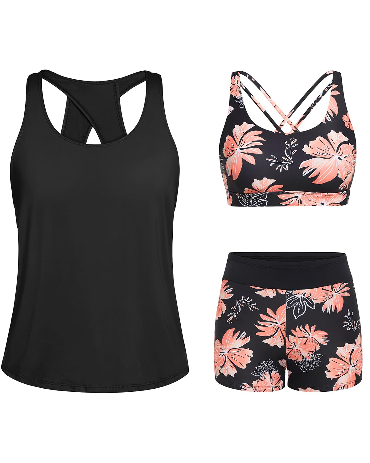 Photo 1 of Tempt Me Black Floral 3 Piece Tankini Swimsuits for Women Athletic Bathing Suits Swim Tank Top with Boy Shorts and Bra Modest Swimwear XXL