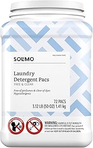Amazon Brand - Solimo Laundry Detergent Pacs, Free & Clear, Hypoallergenic, Free of Perfumes Clear of Dyes, 72 Count