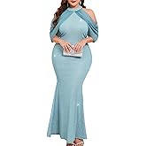 ZOMVA Plus Size Sparkly Halter Neck Dress Chiffon Cape Sleeve Bodycon Mermaid Maxi Evening Gown Cocktail Party Formal, Light Blue, 1X