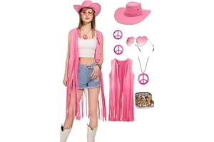 VERCECO 6 PC Cowgirl Western Outfits for Women Retro Cowgirl Costumes Fringe Vest Cow Girl Hat for Women Country 70s Hippie Outits