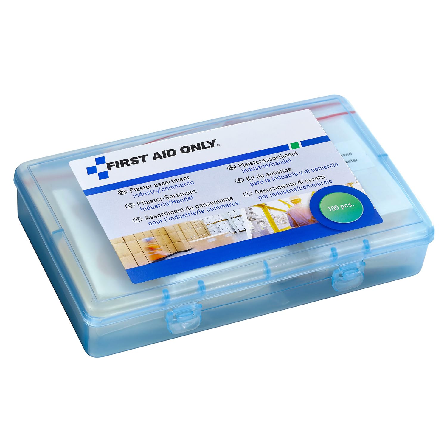 First Aid Only Plaster Set for Industry/Trade (100 Pieces) | 100 plasters in Various Sizes and Shapes in resealable Plaster Box | P-10023