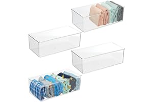 mDesign Long Plastic Drawer Organizer Box, Storage Organizer Bin Container; For Closets, Bedrooms, Use for Leggings, Socks, Ties, Jewelry, Accessories - Lumiere Collection - 4 Pack - Clear
