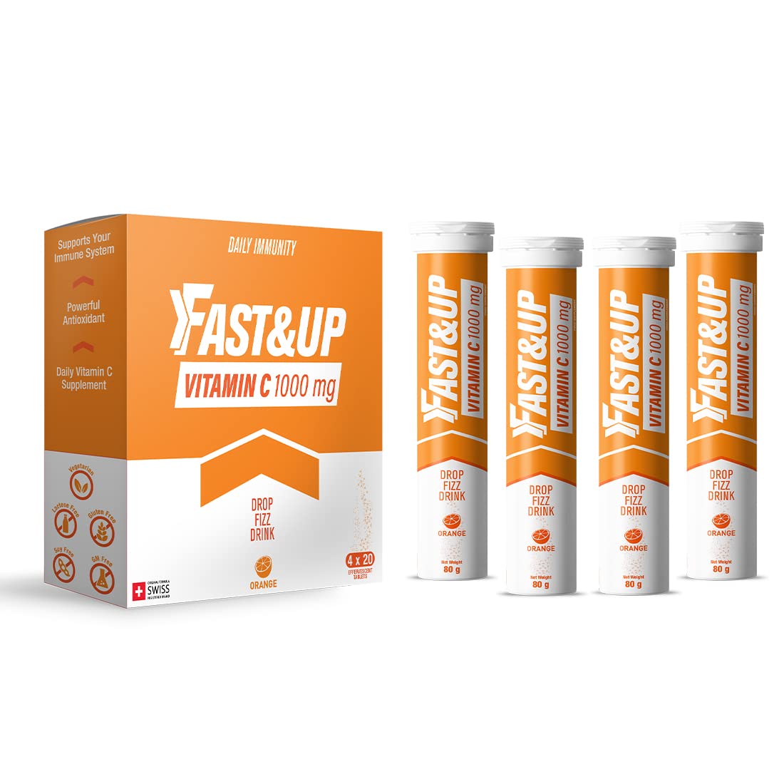 Fast&Up Vitamin C 1000 mg - High Strength - 80 Effervescent Tablets (4 x 20) - Helps Build Strong Immune System - One Daily - Orange Flavour