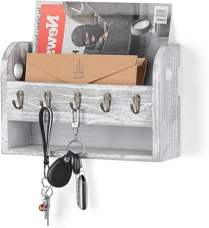 Wood Mail & Key Holder Organizer Wall Mounted with 5 Key Hooks Rack