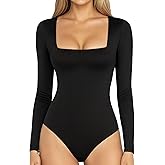MANGOPOP Women's Square Neck Short Sleeve Long Sleeve Bodysuit Sexy Body Suits Shirt Slim Fitted Tops