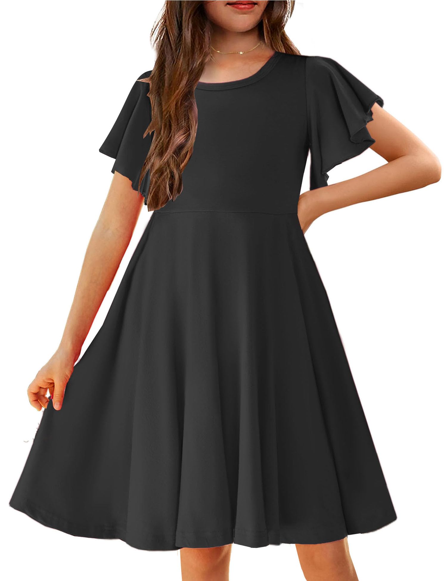 Photo 1 of Arshiner Girl's Summer Dresses Ruffle Short Sleeve Swing Flowy Midi Casual Sundress with Pockets A Black Kids 8-9 Y