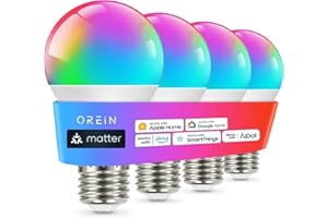 OREiN Matter Smart Light Bulb, Smart Light Bulbs Work with Apple Home, Alexa, Google Home, SmartThings, A19 Color Changing Light Bulbs 2.4Ghz WiFi, 800 Lumens Equivalent 60W 4Pack