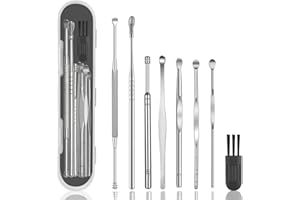 HION 8 Pcs Ear Wax Removal Kit,Professional Double-Headed Ear Pick Earwax Removal Tools,316L Stainless Steel Ear Cleaner Curette with Cleaning Brush and Storage Box,Suit for Kid Adult(Silver)