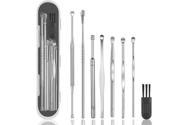 Hion 8 Pcs Ear Wax Removal Kit,Ear Pick Earwax Removal Tools,316L Stainless Steel Ear Cleaner Curette with Cleaning Brush and