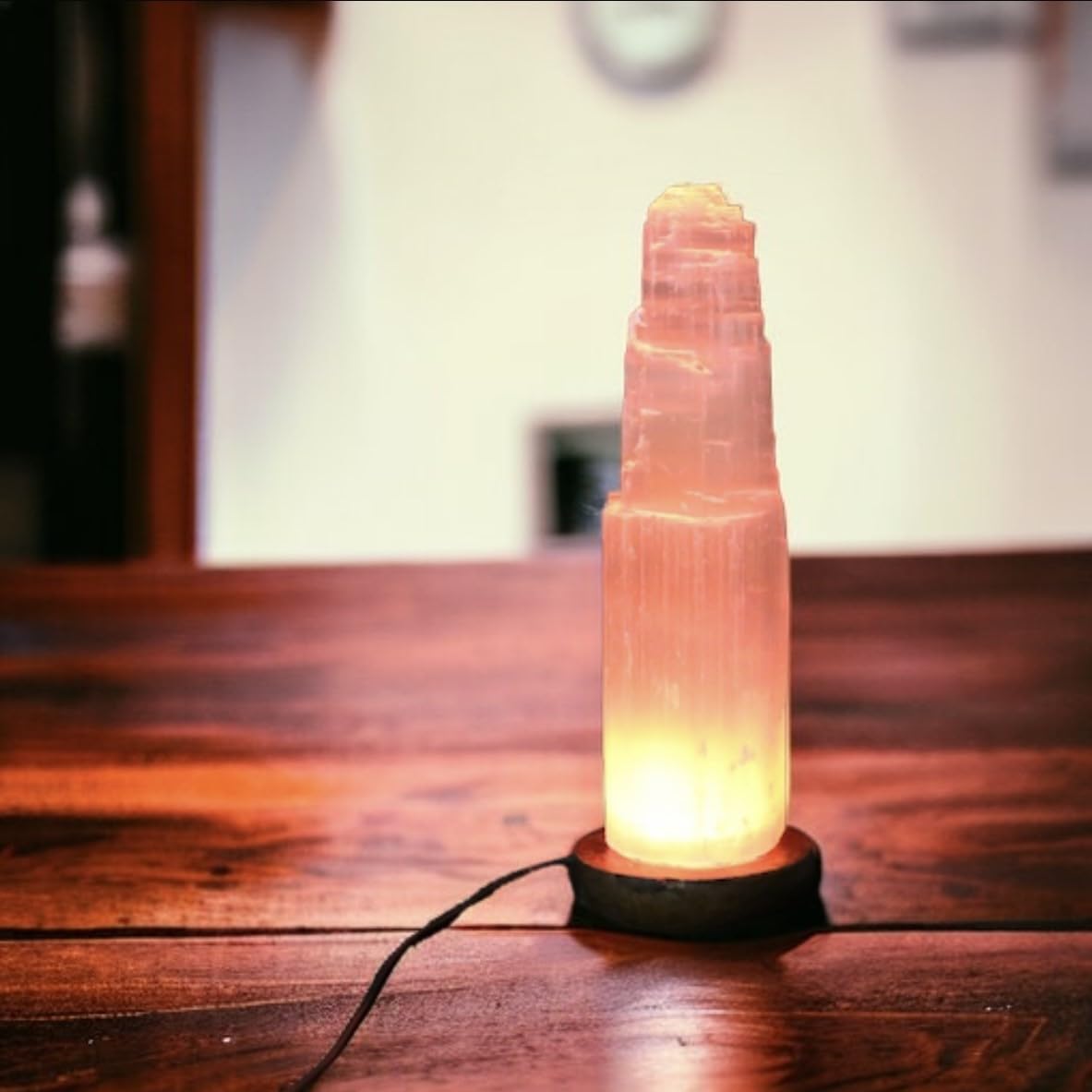 4All Selenite Crystal Rock LED USB Lamp Handmade Multi-Colour Mountain Tower Lamp Spiritual Energy and Healing Meditation Home Decoration Gifts Table Lamp Mineral Wooden Base (20cm)