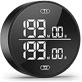Dual Digital Kitchen Timer for Cooking, 199 Minutes Countdown & Stopwatch, Productivity Timer for Fridge, Big Digits, High-Definition Display, Rotary Adjustment, 3 Volumes, 2 Brightness Levels, Black