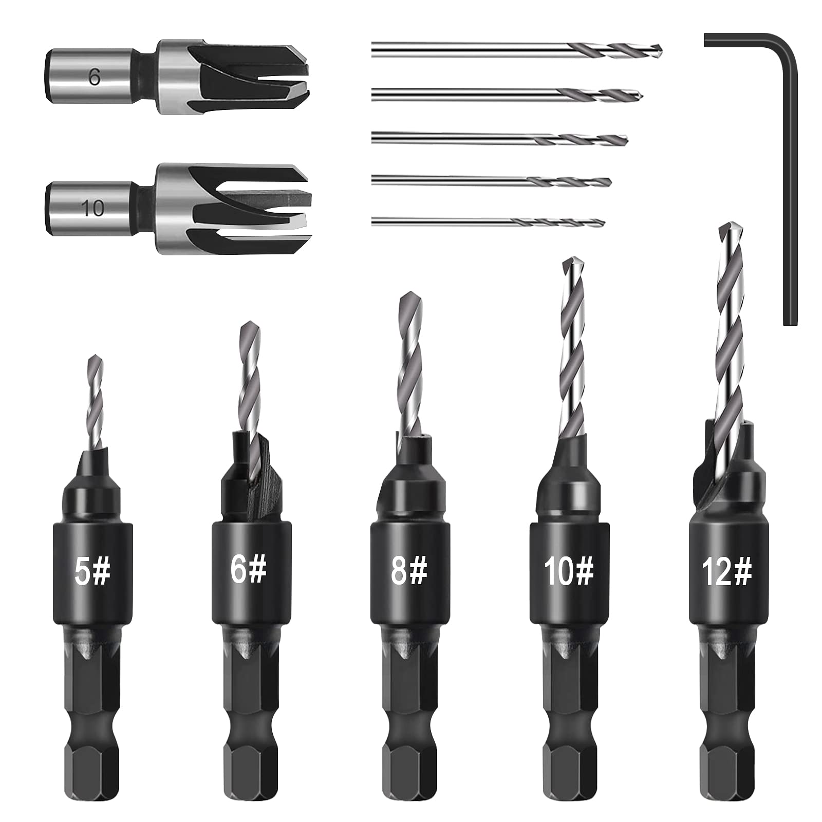 7 Pcs Countersink Drill Bit Set, 1/4" Hex Shank Adjustable Countersink Set, Includes 2 Pcs Wood Plug Cutter, Woodworking Counterbore Hole Drill Bits for #5, #6, #8, #10, #12 Screws, with L-Wrench