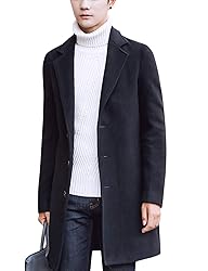 Tanming Mens Black Trench Coat Notched Lapel Single