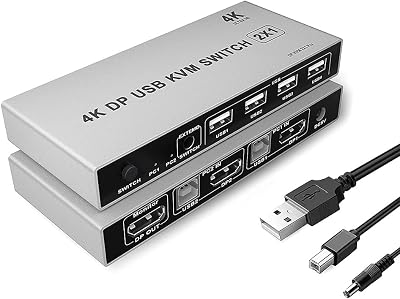 Nicfaky KVM Switch 2 Port 4K 60Hz Ultra HD USB DP for PC Laptop Monitor