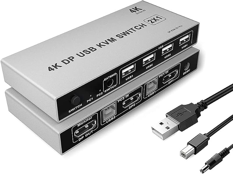 Nicfaky KVM Switch 2 Port 4K 60Hz Ultra HD USB DP for PC Laptop Monitor