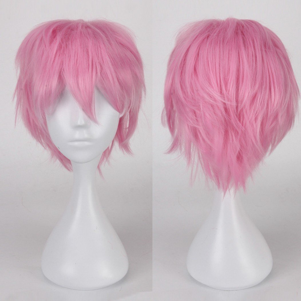 Unisex Short Cosplay Full Wigs Natural Layer Straight Hair Anime Costume Party Wig Fancy Dress for Women Men (Pink)