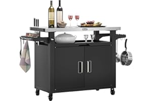 NUUK Outdoor Grill Cart with Storage Cabinet Metal Kitchen Island Prep Table with Movable Universal Wheels and Stainless Steel Top for Outside BBQ Backyard Include Hooks Spice Rack