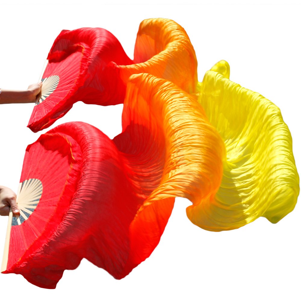 Leemiman Women 1.8 m Long Belly Dance 100% Silk Bamboo Fan Veils 1 Pair(L+R) (Red orange yellow)