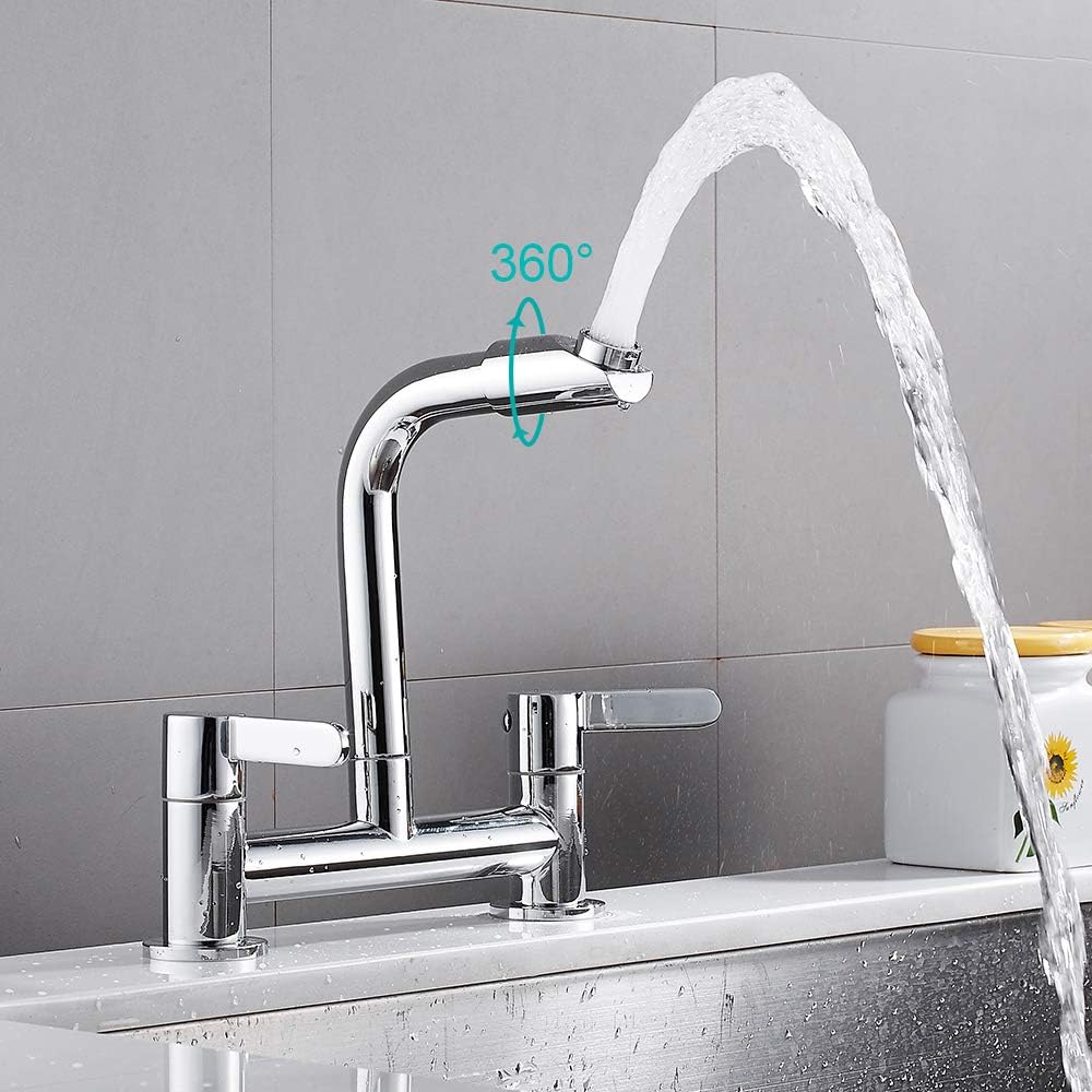 Kitchen Sink Taps 2 Hole 1/4 Turn Dual Lever Deck Mounted Hot & Cold Mixer Faucet Swivel Spout Taps (Chrome) - Image 4