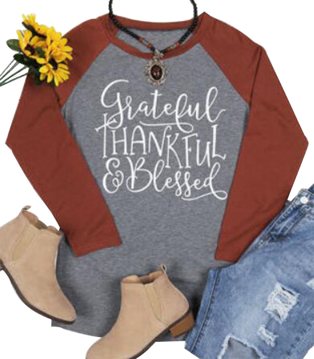 Thanksgiving Grateful Thankful Blessed Shirt Women 3/4 Sleeve Casual Splicing Baseball T-Shirts Tee Top