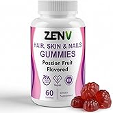 ZENV Hair Skin & Nails Gummies, Beauty Supplement with Biotin, Vitamin A & Pantothenic Acid, Passion Fruit Flavor, Plant-Based Formula, 60 Count