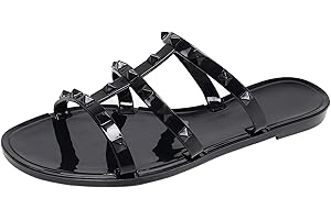 OMGard Women Flats Sandals, Studded Jelly Shoes Size 9 Red Dressy Summer Beach Rivets Strappy Jellies Slide Slip On Open Toes