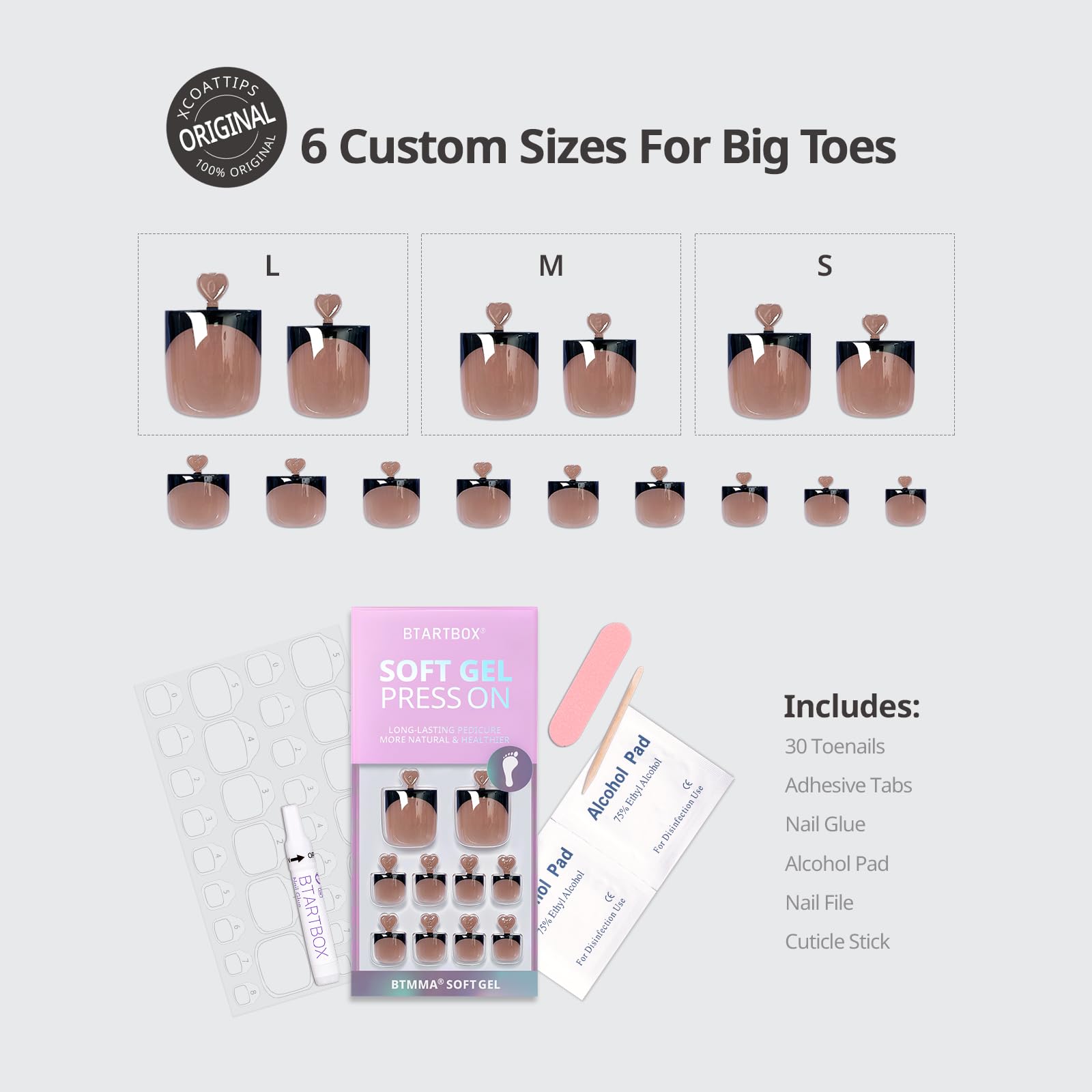 BTArtbox Press On Toenails - Real Square Glaze Black French Tip Toe Nail Press Ons with Glue for Women, Opaque Fake Toe Nail Tips in 15 Sizes - 30 Toenails Kit, Gunmetal - Image 3