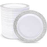 supernal 100pcs Silver Plastic Plates10.25 For Big Party Lace White Plastic Plates with Silver Rim Disposable Dinner Plates Heavy Duty for Party Wedding Birthday