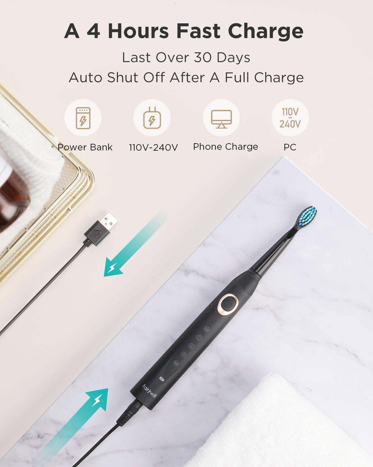 Fairywill D8 Sonic Electric Toothbrush for Adults and Kids ADA Accepted, 8 Dupont Brush Heads & Travel Case 5 Modes Rechargeable Whitening Power Toothbrush 2 Mins Smart Timer 40,000 VPM Black Series: Beauty