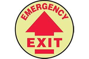 AccuformNMC Floor Sign Glow-in-the-Dark "Emergency Exit" with Arrow, 8" Diameter Non-Slip Adhesive Vinyl Emergency Exit Sign, Red on Glow, Made in the USA, MFS872