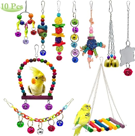 Amazon.com: AUHOKY - 10 piezas de juguetes para loros de aves, colgantes, columpios, perchas para masticar con campanas de loro, juguetes para colgar jaula, hamaca, escalera, juguetes para pequeños periquitos, cacatúas, conurios,