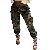 MESLIMA Women's Camo Pants High Waist Slim Fit Cargo Trousers with Pocket Camouflage Long Sweatpant with Belt