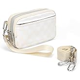 Checkered Wristlet Wallet for Women Tri-tone Cute Nylon Wristlet Purse with 5 zippers and ID Window Credit Card Holder